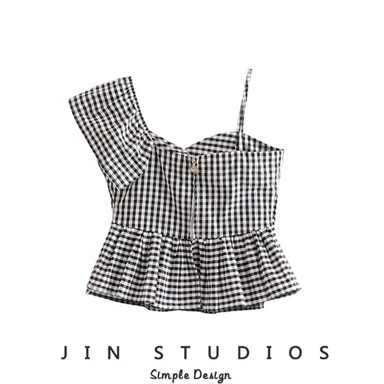 JIN homemade 24 summer black and white plaid irregular ruffled V-neck suspender slim and versatile personalized asymmetric vest