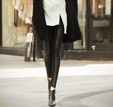 Hchen Korea Import Spot Light Cooked Sexy Tight Wrap Hip Vertical Splicing Light Color Imitation Leather Coat Inner Hitch Pants