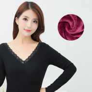 Quần lót nữ dày cộng với nhung mùa thu và áo sơ mi mùa đông dài tay đơn mảnh ren thấp bó sát cổ chữ V đáy quần áo mùa thu - Áo ấm do lot nu