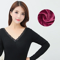 Quần lót nữ dày cộng với nhung mùa thu và áo sơ mi mùa đông dài tay đơn mảnh ren thấp bó sát cổ chữ V đáy quần áo mùa thu - Áo ấm áo giữ nhiệt nữ trung niên