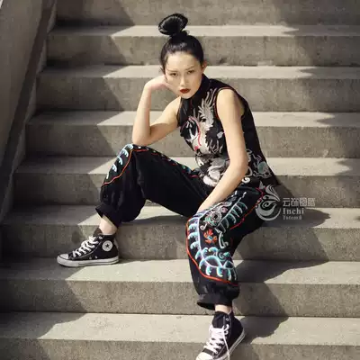 Cloud decoration totem original design women's trousers Old embroidery old satin ethnic style dragon pattern sea water bloomers trousers