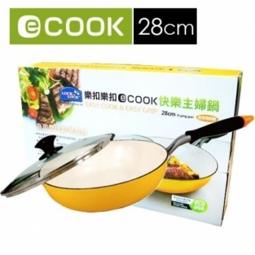 乐扣乐扣 E-COOK彩绘小炒锅+锅盖组/28CM/黄色(白陶瓷) (LED2283S