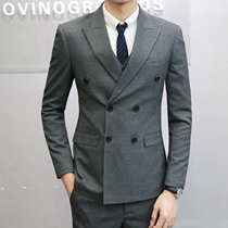 Suit set mens double-breasted three-piece suit Korea Dongdaemun slim solid color casual business formal suit suit men
