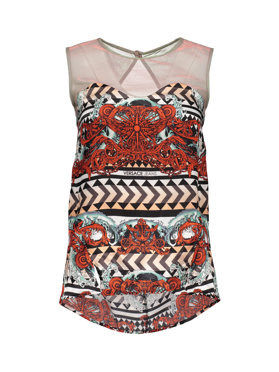 versace jeans 裸色圆领拼接式印花无袖上衣
