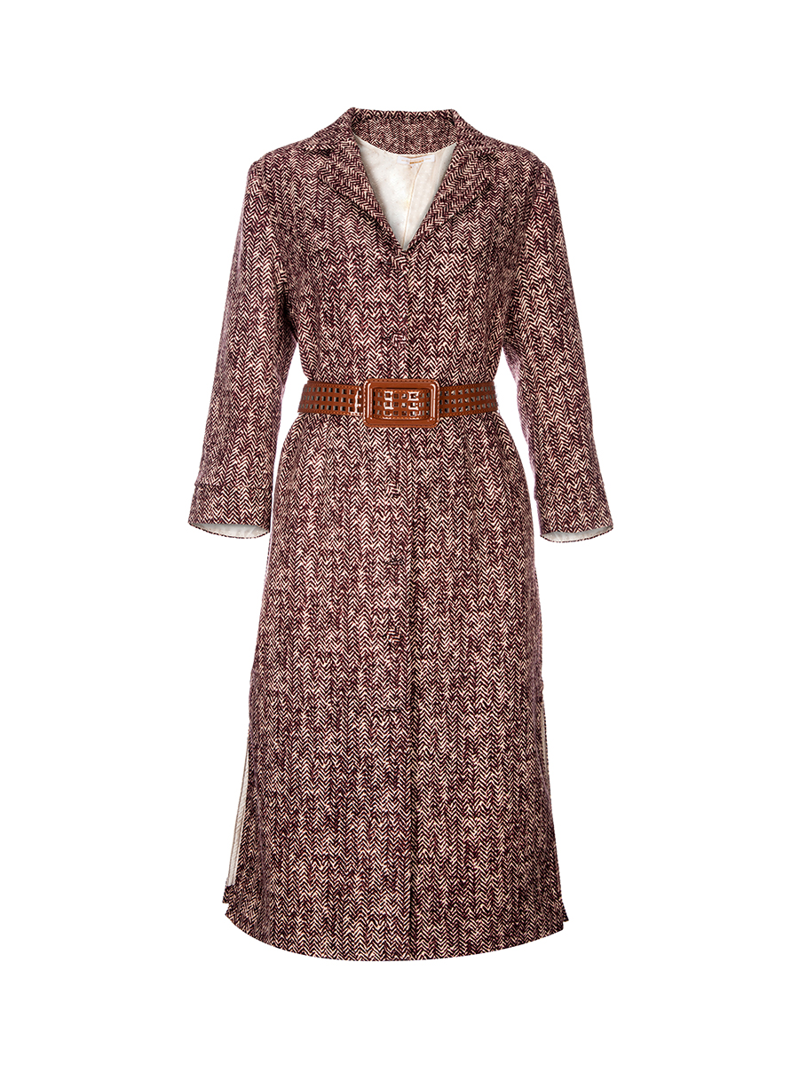 ALLLLLLLBRIGHT 暗红色翻驳领人字纹饰长款大衣