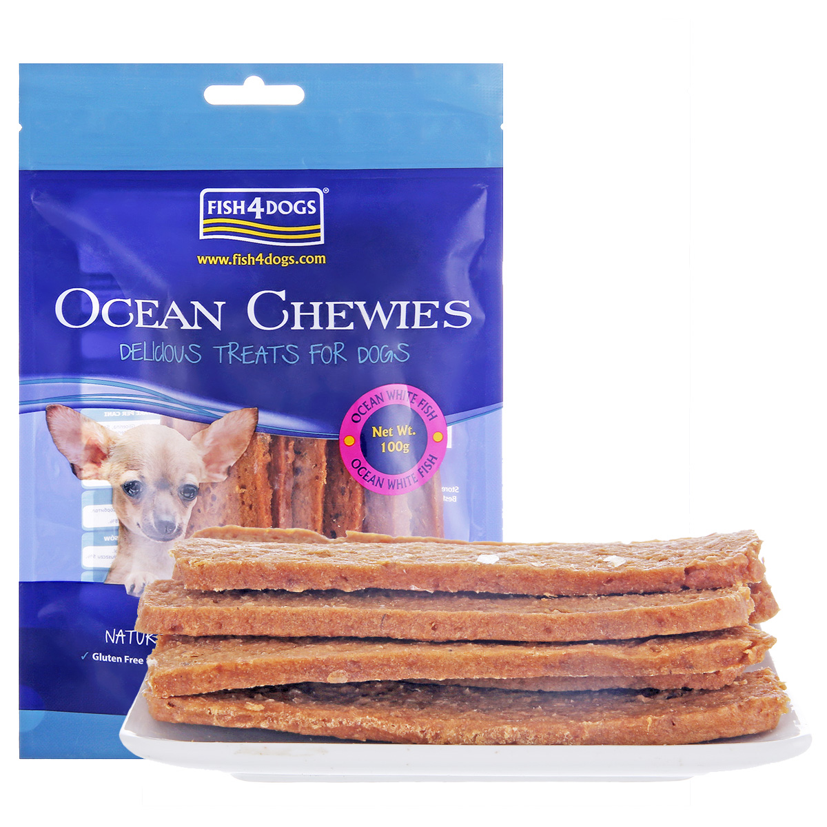 波奇网宠物狗零食泰迪洁齿零食海洋之星OceanChewies鳕鱼嚼片100G