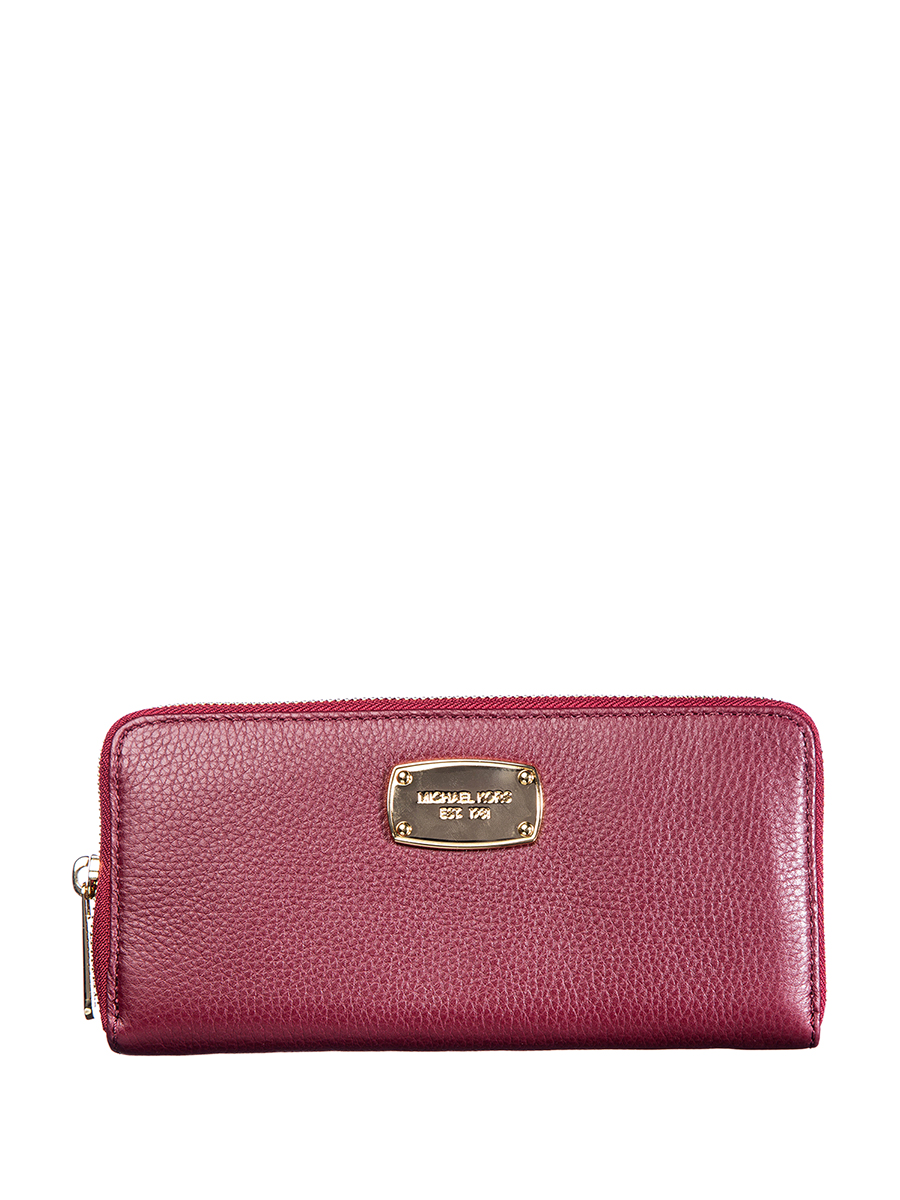 Michael Kors JET SET ITEM系列酒红色金属铭牌顶部拉链长款钱包