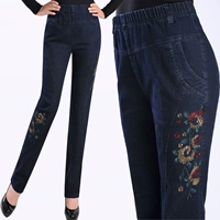 Mùa thu và mùa đông thun eo trung và phụ nữ tuổi già quần jeans kích thước lớn eo cao đàn hồi quần mẹ lỏng giản dị quần thẳng áo ấm nữ