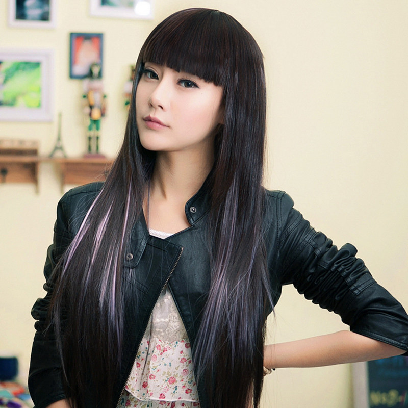 假发女长直发 齐刘海减龄蓬松修脸假发逼真渐变色中长直发 假发套