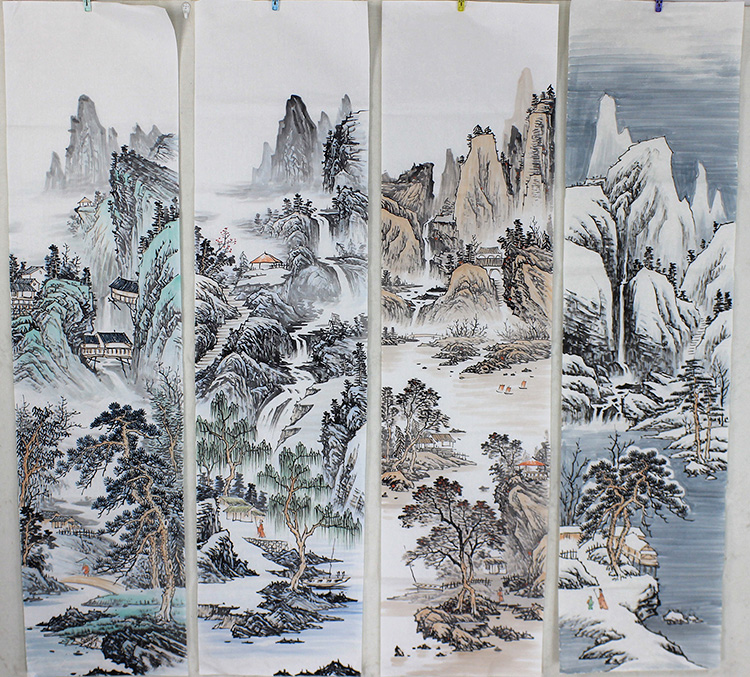 Pure Hand Painted Four Feet Landscape Painting Spring Summer Autumn Winter Four Screen Workers Pens for Calligraphy Hand-painted Office Painting-Taobao