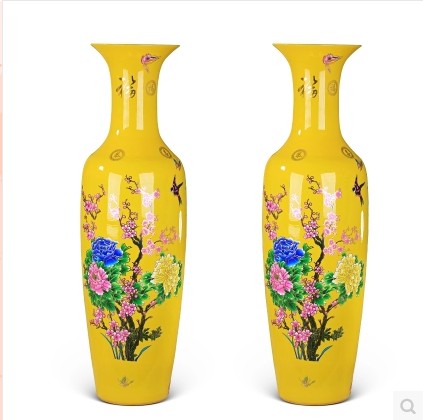 Jingdezhen extra large floor-to-ceiling large vase yellow red glaze flowers bloom rich and noble 1-2 2 festive celebration decoration
