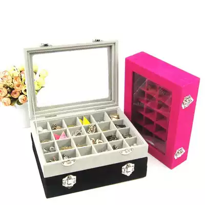 Gray 12-grid Red 24-grid icy velvet ring jewelry box with glass cover ear pin eardrop jewelry box