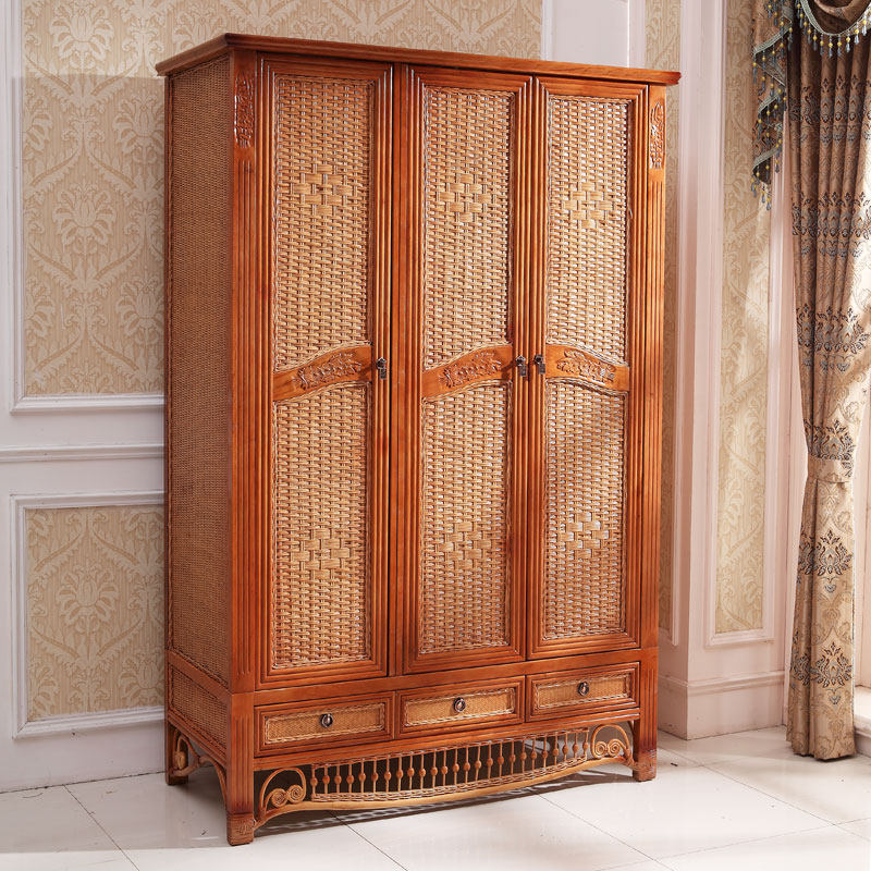 Rattan Wardrobe Solid Wood Three Door Wardrobe 3 Door Wardrobe Rattan Wardrobe Retro Double Door Wardrobe Wooden Bedroom Assembly Cabinet - Taobao