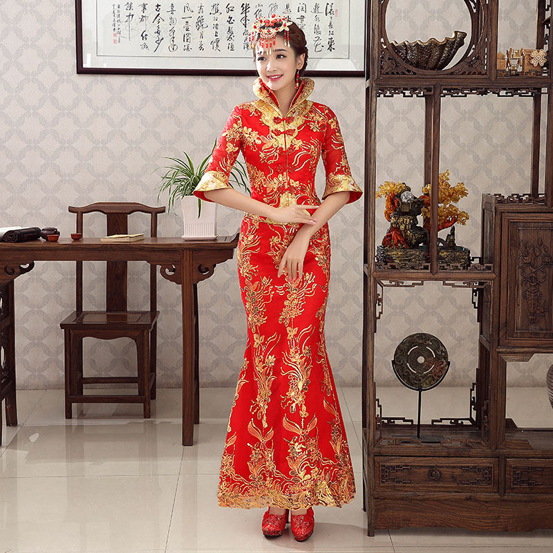 2020 new golden silk Phoenix Chinese wedding gown red toast with fish tail retro bridal cheongsam