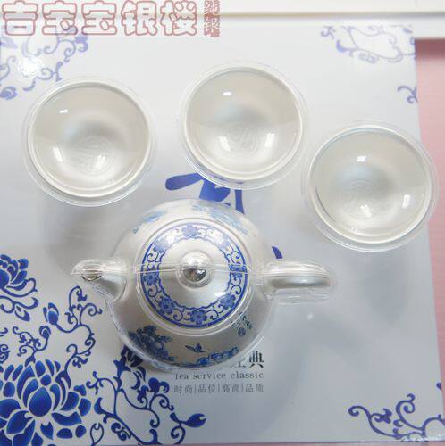 Green Flowers 999 Pure Silver Teapot Tea Tea Set Group Foot Silver Business Gift Collection Pure Silver Tea Set