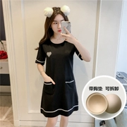 Mùa hè cotton đơn giản thời trang ngắn tay áo độn ngực váy ngủ phụ nữ mặc áo ngực dịch vụ nhà