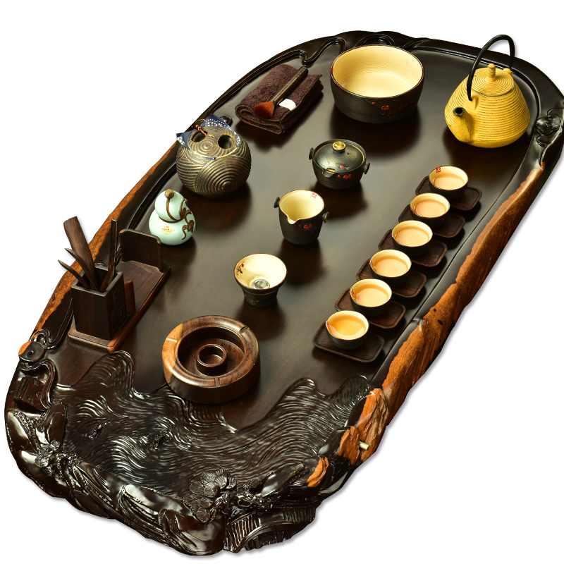 The beginning day, mahogany wood kung fu tea set ebony tea tray was four unity TaoLu chaoshan GaiWanCha way