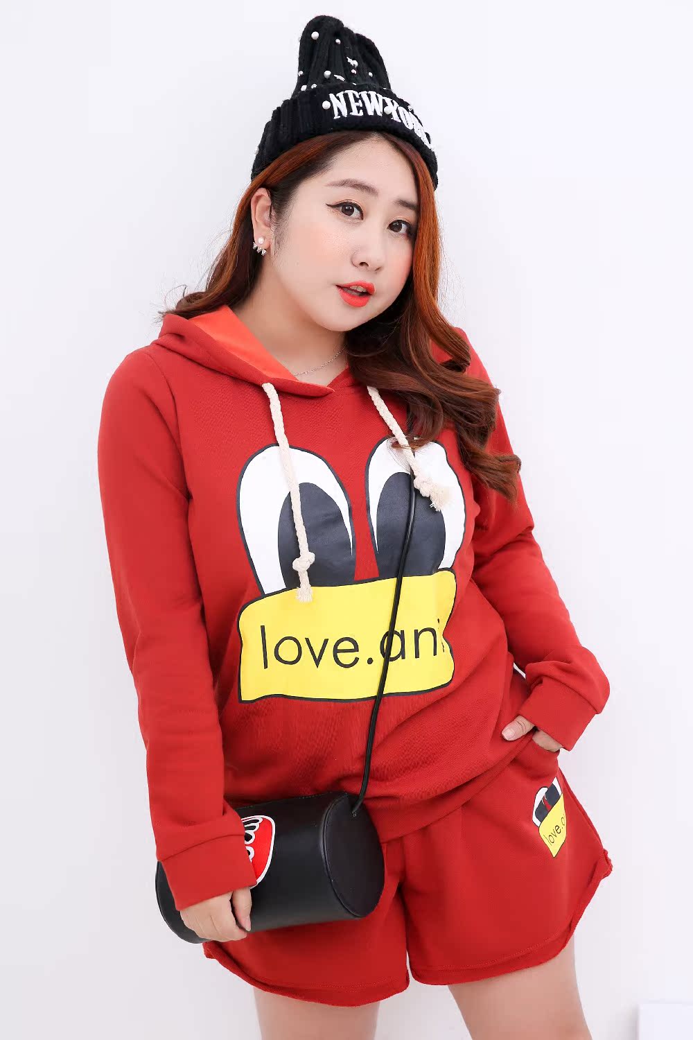 2016时尚新款胖mm加肥加大码200斤女装冬卫衣卡通鸭套装连帽