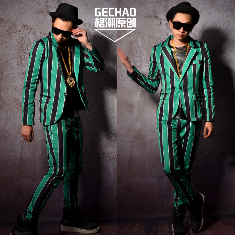 Green and black striped British suit, hairdresser, star nightclub bar singer DJDS performance costume