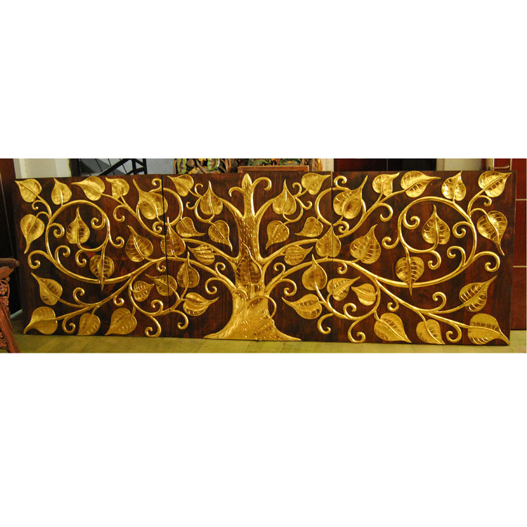 Southeast Asian style wood carving painting Gold leaf painting Linden Tree Triptych Hotel club lobby hanging painting decoration