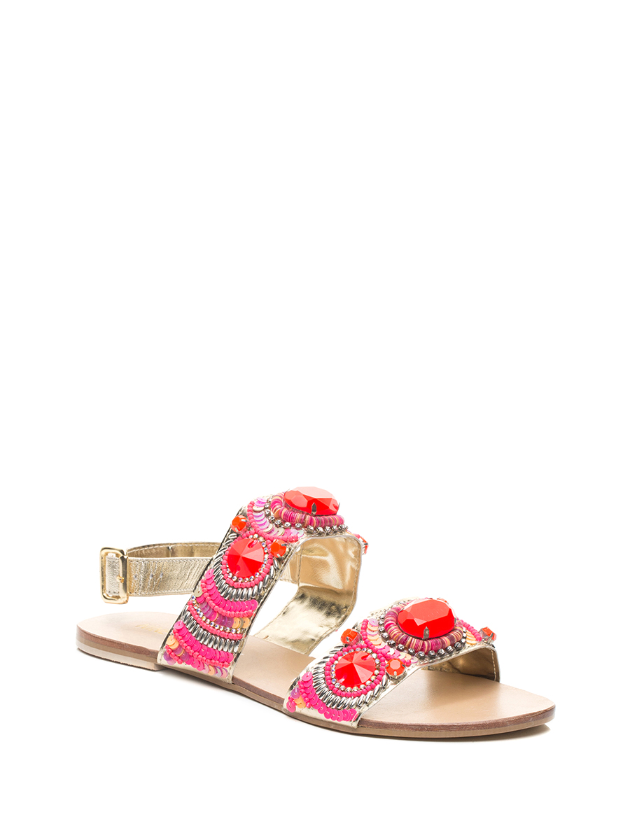 Nine West/玖熙 红粉钉珠双带饰平底凉鞋