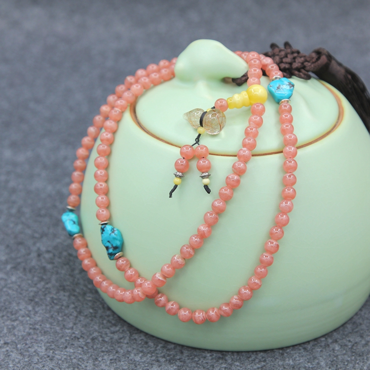 Natural quality ice seed red grain candied pearl Buddha pearl 108 with natural honey wax pine stone hair crystal -6mm