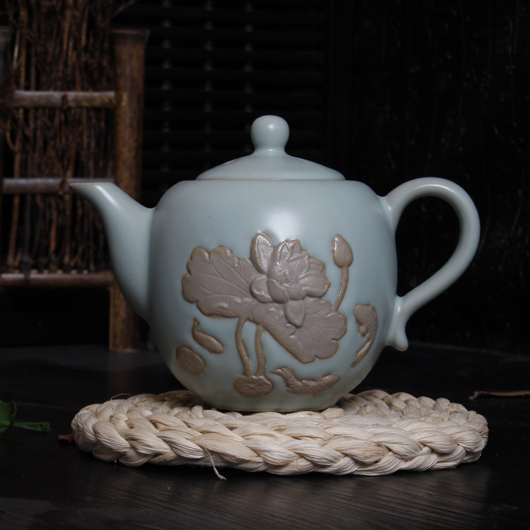 Ru Kiln Open Sheet Tea Set Sky Green Foam Teapot Large ceramic anti-burn Ru porcelain Kung Fu Delicate Glass Purple Sand Pot Special Price