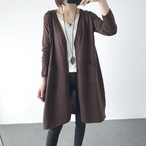 Autumn new literary loose size long solid color v collar long sleeve sweater cardigan coat womens shawl