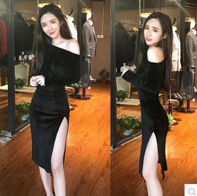 New Korean Style Large Size Sexy Elegant Velvet Off-Shoulder High Slit Leg Exposed Slimming Slim Waist Long Dress