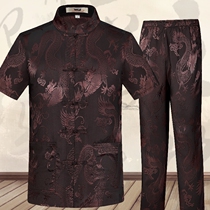 Middle Aged Tang Dress Short Sleeve Men Suit Summer Shirt Upright Collar Chinese Pan Button Loose Big Code Dad Grandpa Dress