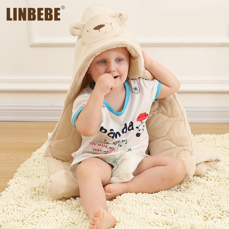 霖贝儿 有机彩棉 纯色 抱被 小熊卡通帽 加厚 秋冬抱被