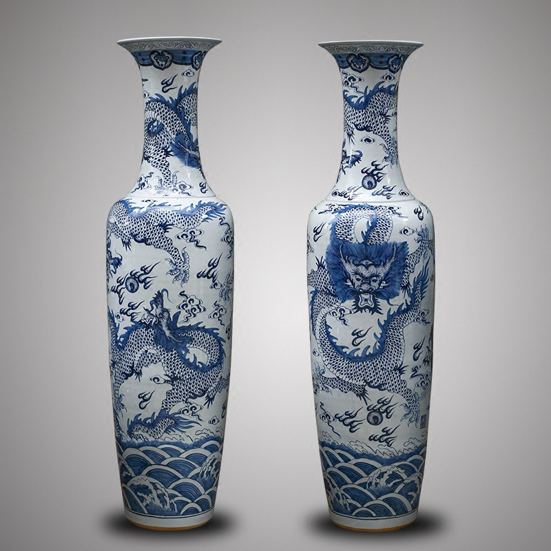 Jingdezhen ceramics antique blue - and - white hand - made dragon large vases, Chinese style villa hotel furnishing articles 1 meter 8