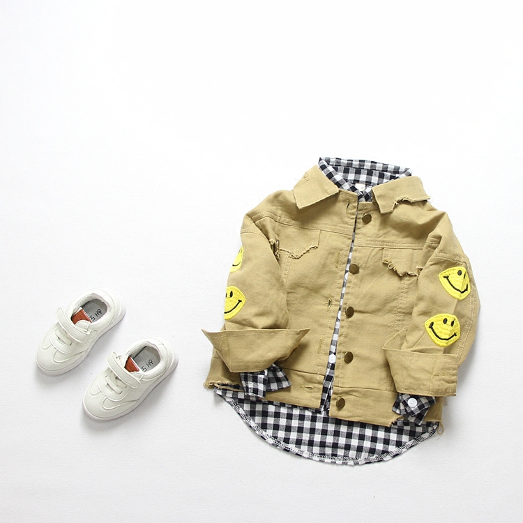 Spring Children's Clothing Children's Boys Baby Khaki Smiley Cotton Linen Shirts Ripped Jackets Casual Coats