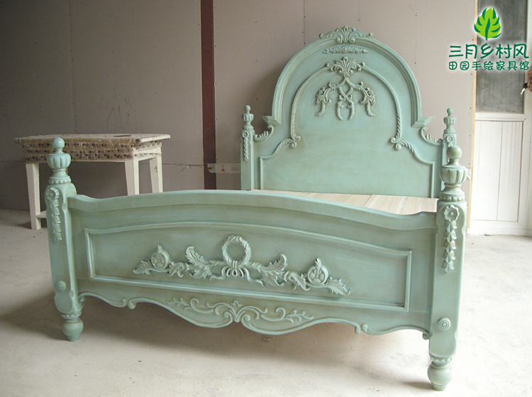English Light Luxury French Neoclassical Pastoral Hand-made Solid Wood Carved Gray Green Ancient as Old Big Bed Princess Country Wind
