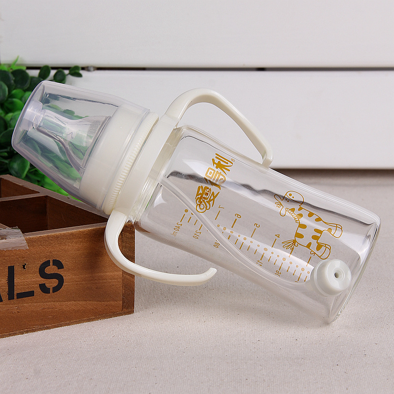 爱得利晶钻玻璃奶瓶 150ml/240ml宽口径带手柄带吸管奶瓶 买1送2