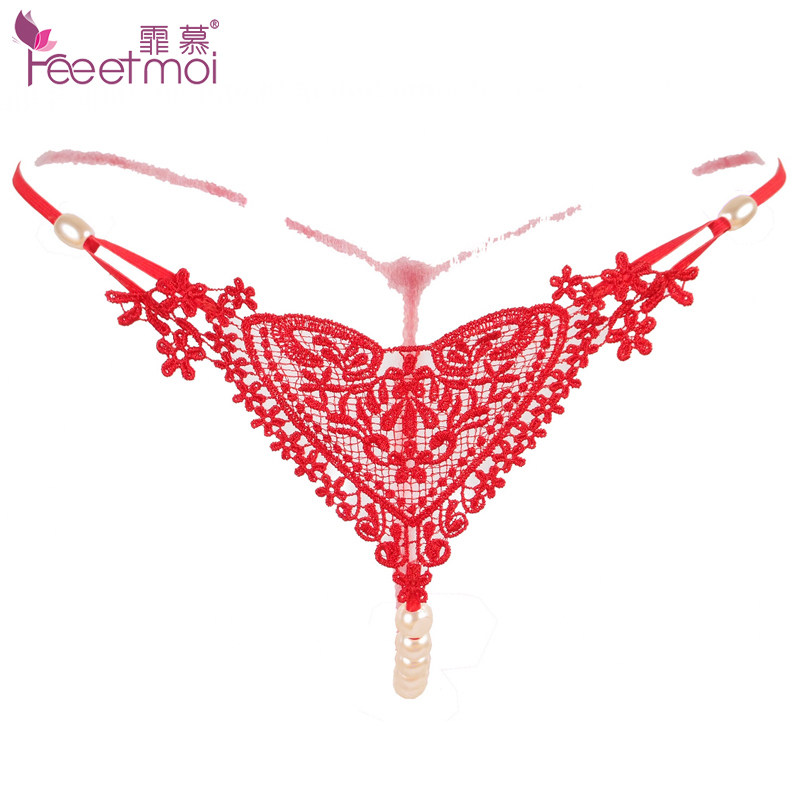 霏慕透明蕾丝珍珠按摩开裆丁字裤裤性感情趣内裤露臀T裤女6612！