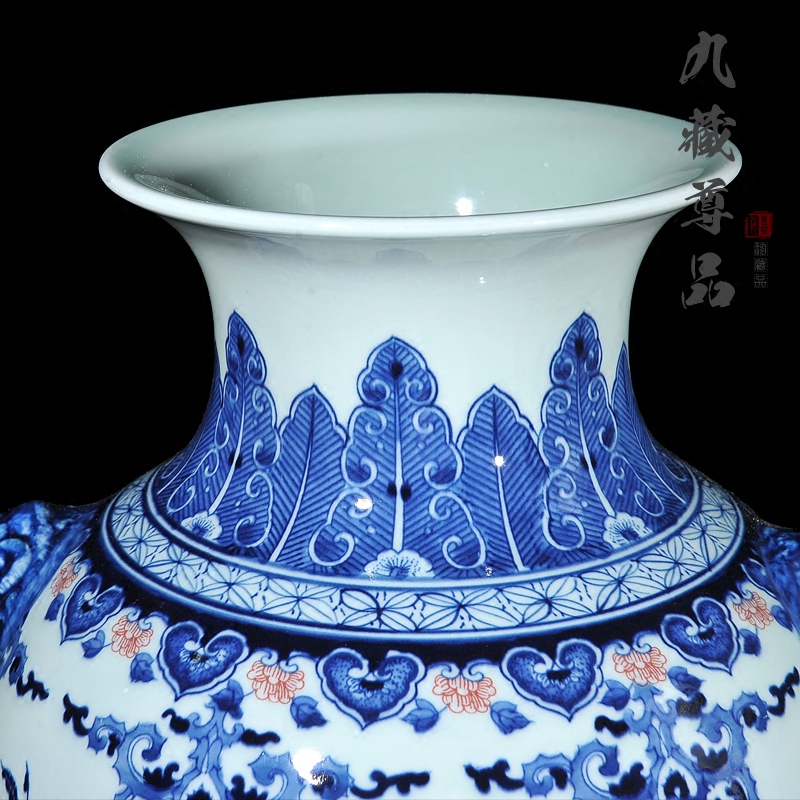 About Nine sect Buddha tasted jingdezhen ceramic antique hand - made ears lion a peach of blue and white porcelain vase furnishing articles in the living room
