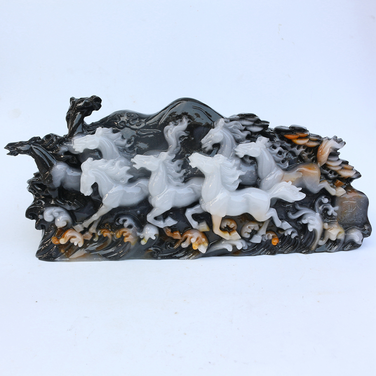 Eight horse figure jade decoration natural jade original home imitation Dushan jade Animal decoration Original stone craft gift decoration Large size
