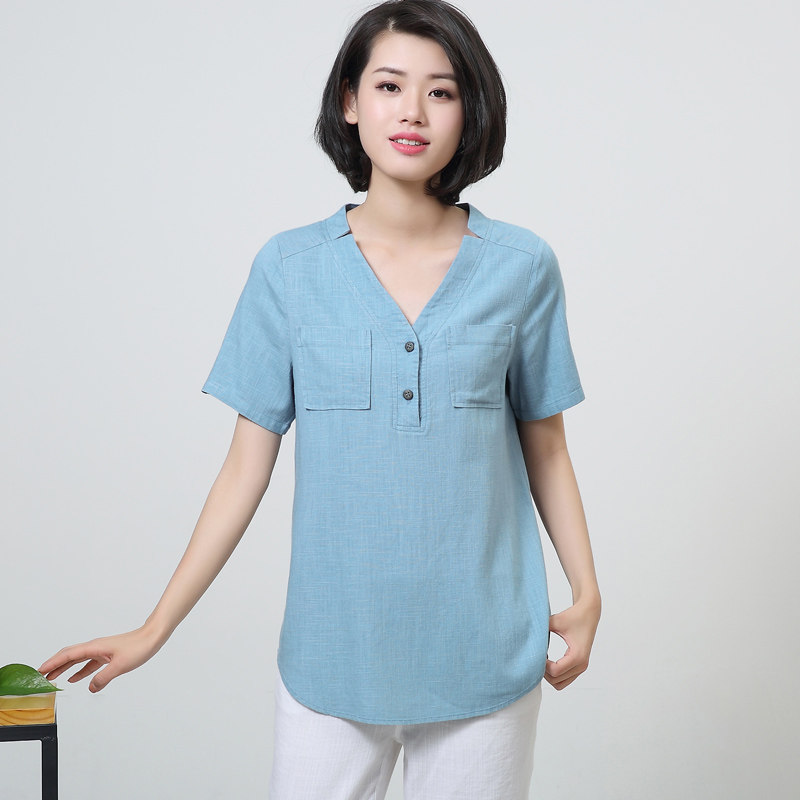 中青年夏装女装亚麻大码宽松短袖t恤中年女半袖衬衣中长棉麻上衣