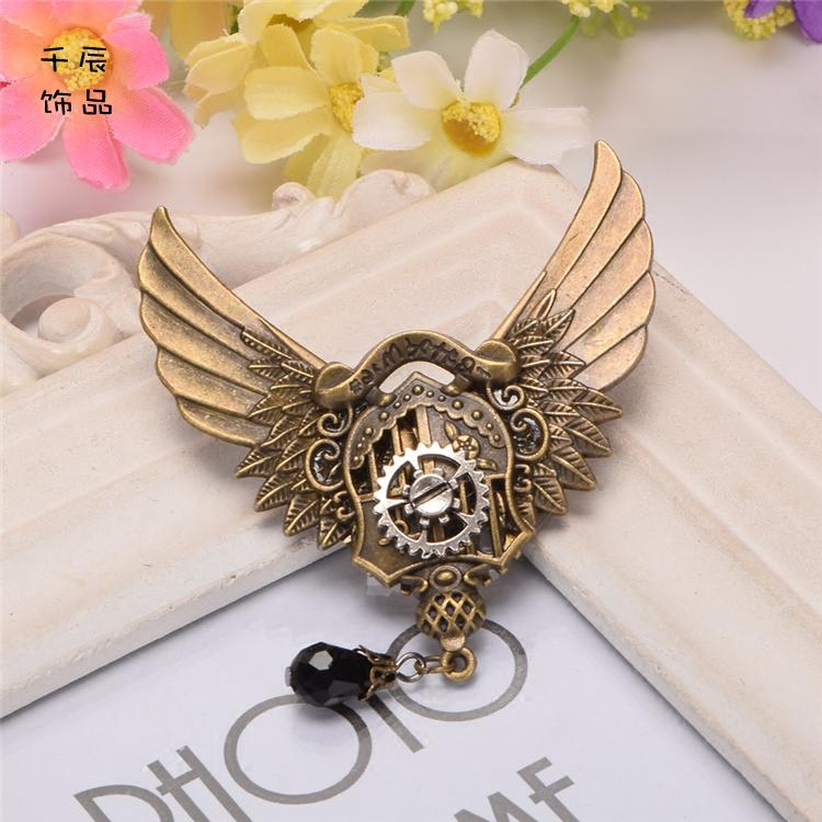 'Qianchen Jewelry' Steampunk Lolita Accessories Retro Mechanical Gear Shield Wing Wheel Brooch
