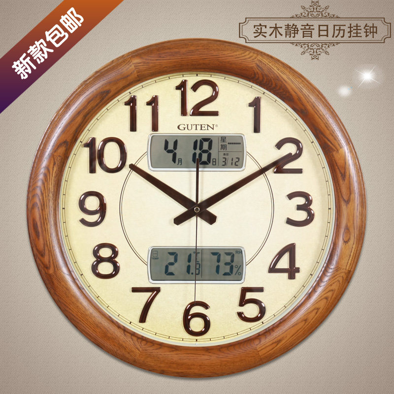 Golden Bell Bao large round solid wood wall clock European Wall wall clock living room quartz clock silent bedroom clock