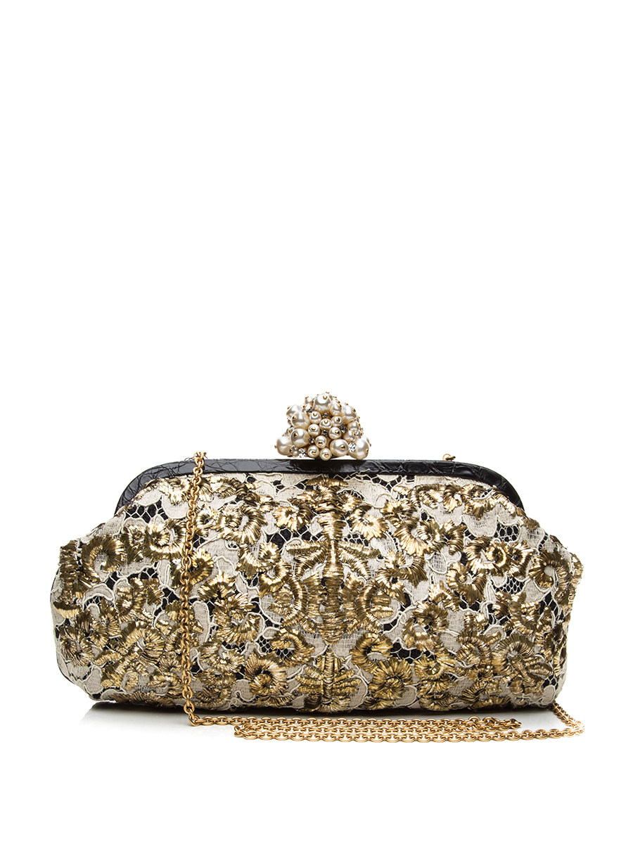 Dolce&Gabbana 米色底金色刺绣铰扣链条晚宴包