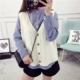Mùa xuân 2017 mới Hàn Quốc phiên bản áo len dệt kim đan len nữ cổ chữ V ngắn không tay áo len vest vest