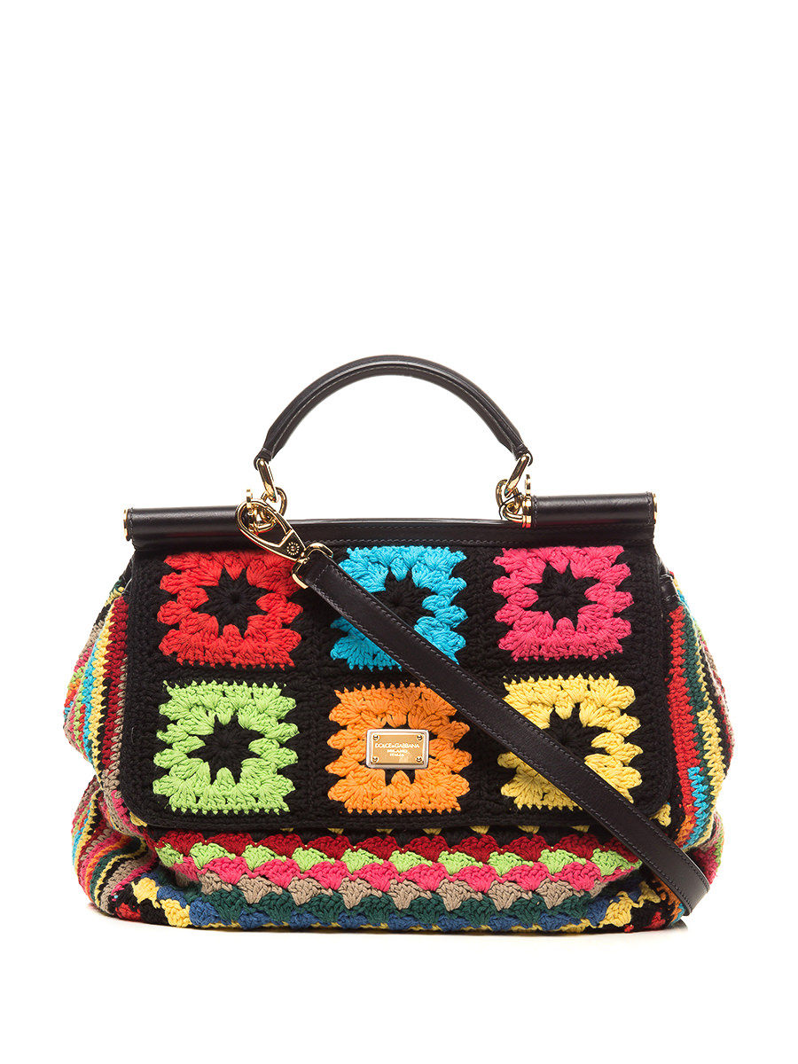 Dolce&Gabbana 黑底彩色民族风编织花翻盖手提挎包