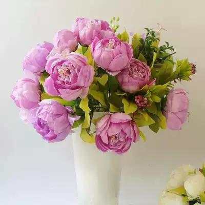 TQJ simulation flower living room fake flower silk flower bedroom meal decoration Flower Hall European style furnishings 12 head Spring Peony