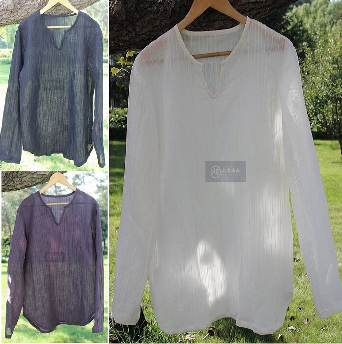 Precipitation _ _ His Chinese style original Chinese men's linen shirt Long-sleeved shirt Men's large size literature and art