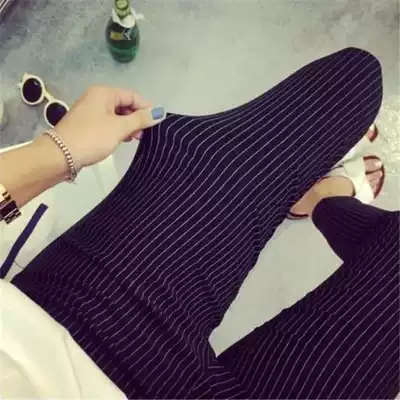 South Korea 2021 new spring and autumn tight elastic waist striped plaid thin outer wear inner pants women's thin cigarette tube pants