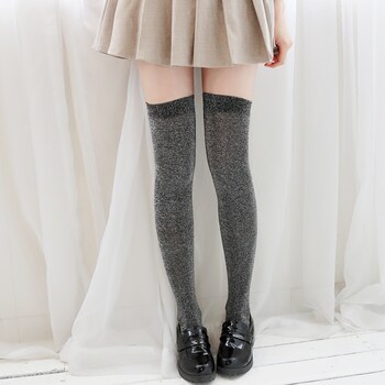 Shiny Silver Long Socks for Women, Over-The-Knee Socks, Korean and Japanese Style, Preppy Style, Versatile for Spring and Autumn, Slimming High Socks