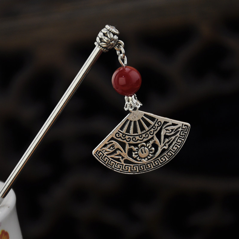 Retro hair accessories Miao Silver Hollow fan red agate classical hair hairpin step hair National Style Female gift