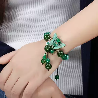 National wind hand chain Forest butterfly green agate bead hand string fresh hundred with retro style hand ornaments women's jewelry
